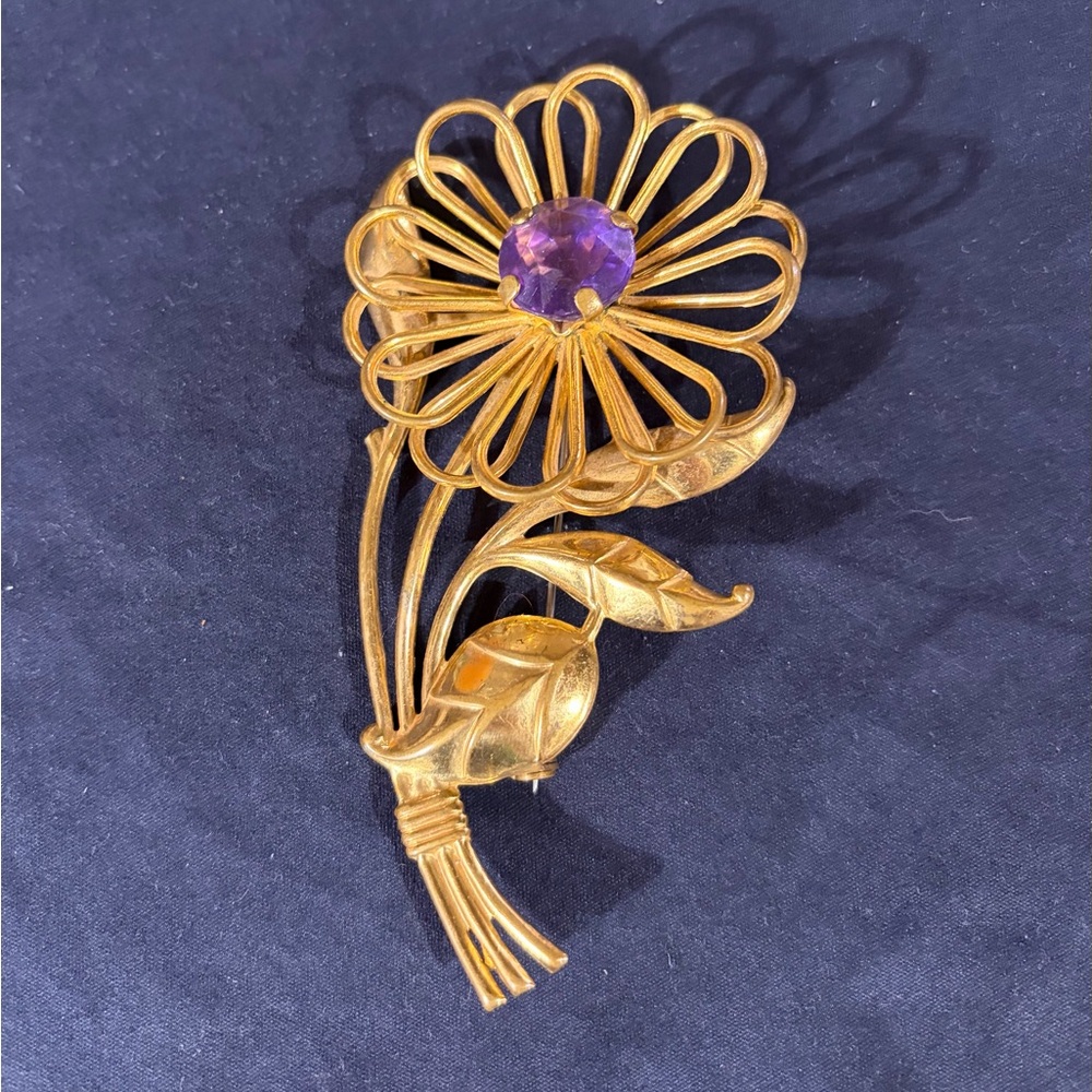 Vintage Gold Tone Floral Large Statement Brooch with Purple Gemstone